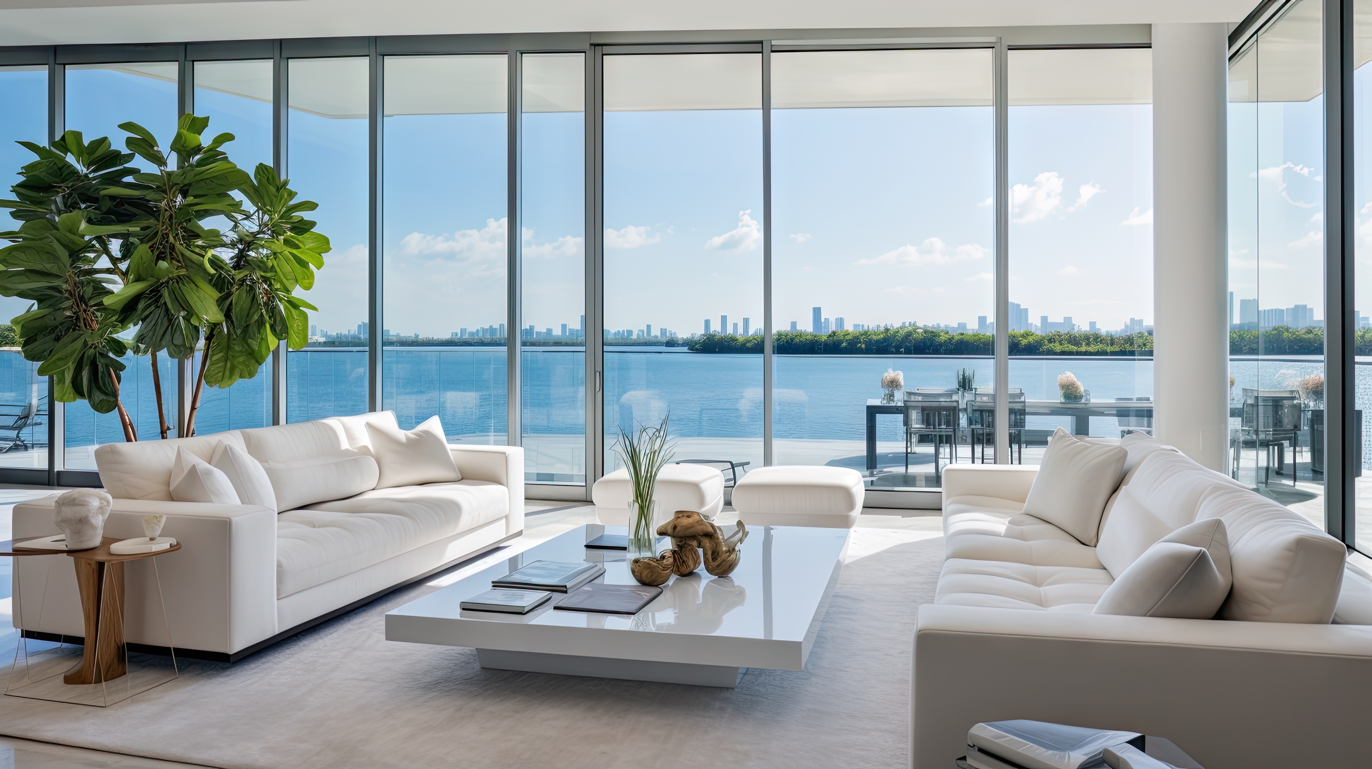 Luxury waterfront penthouse living room with floor-to-ceiling windows overlooking bay and city skyline