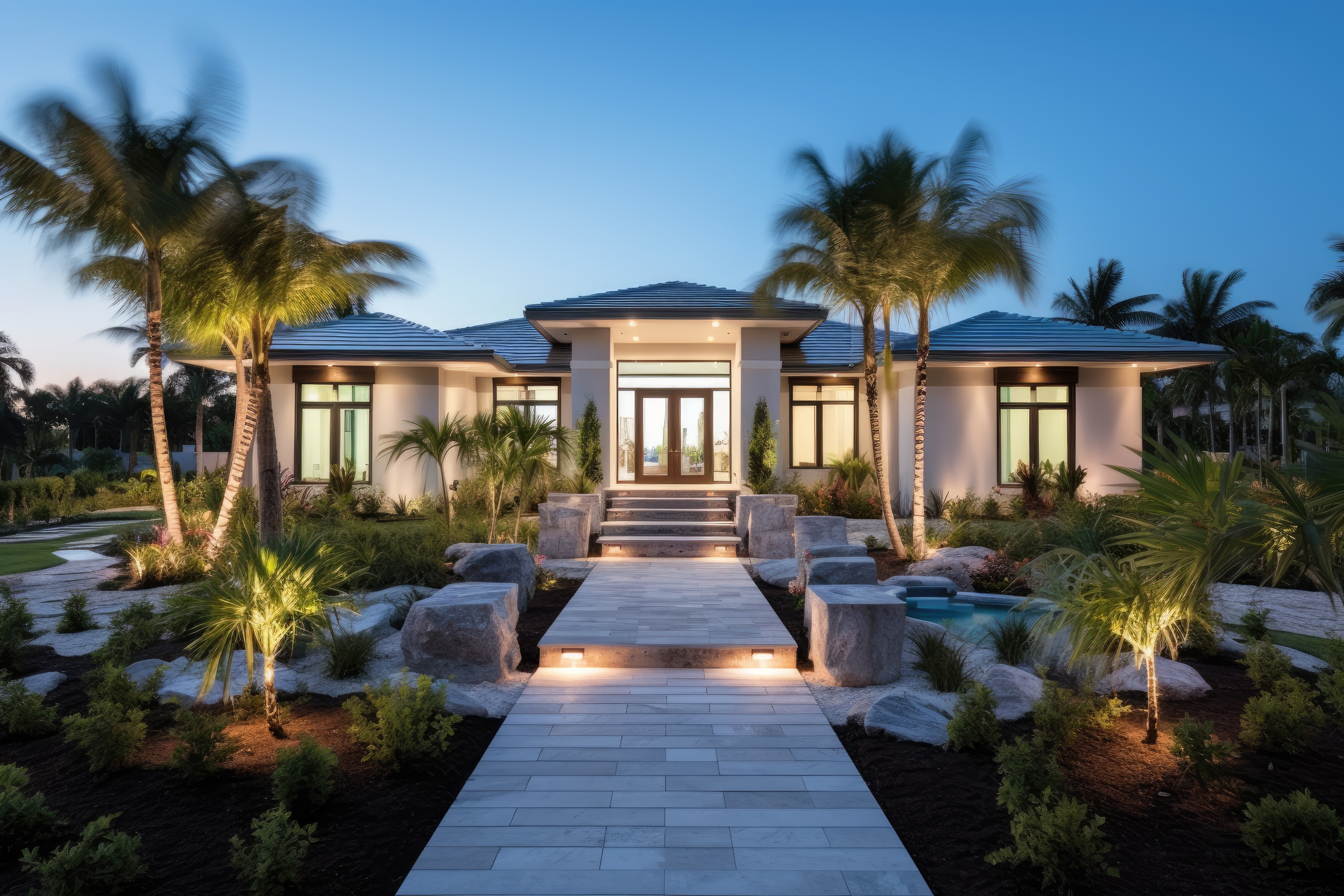 Modern luxury home with white exterior, metal roof, illuminated entryway, palm trees, and paved walkway at dusk