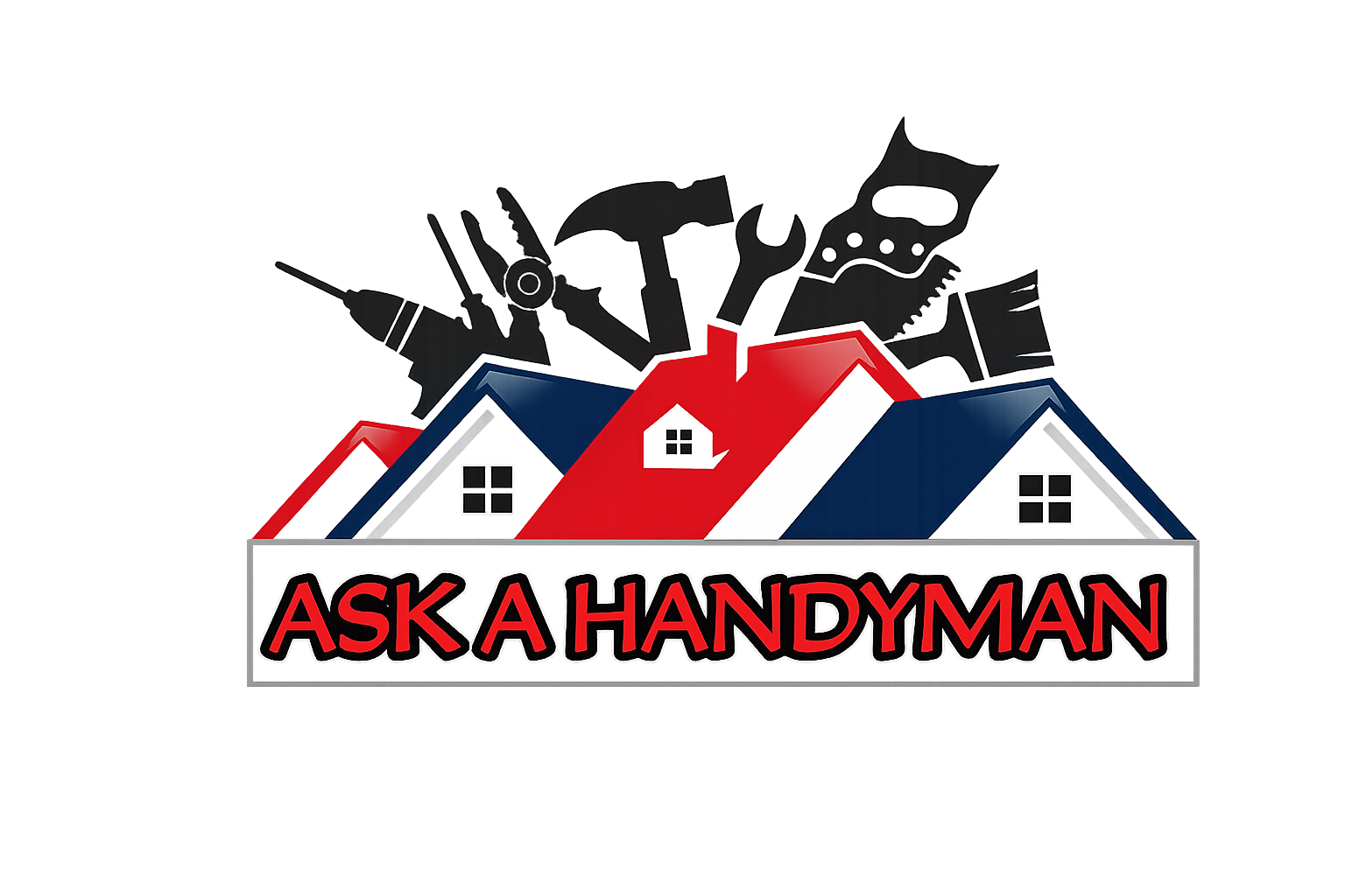 Ask a Handyman logo featuring houses with red and blue roofs and tools silhouettes