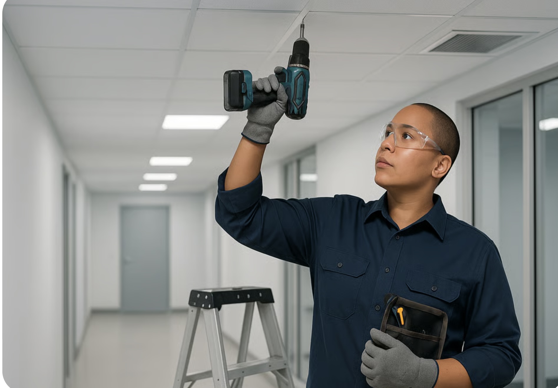 Technician in safety glasses holding cordless drill overhead in hallway near stepladder