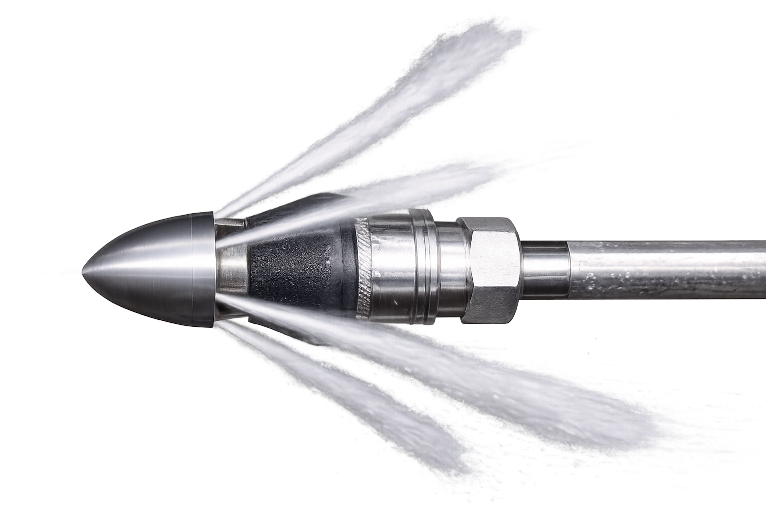 Spray nozzle assembly with metal housing and bullet-shaped tip dispersing water mist streams