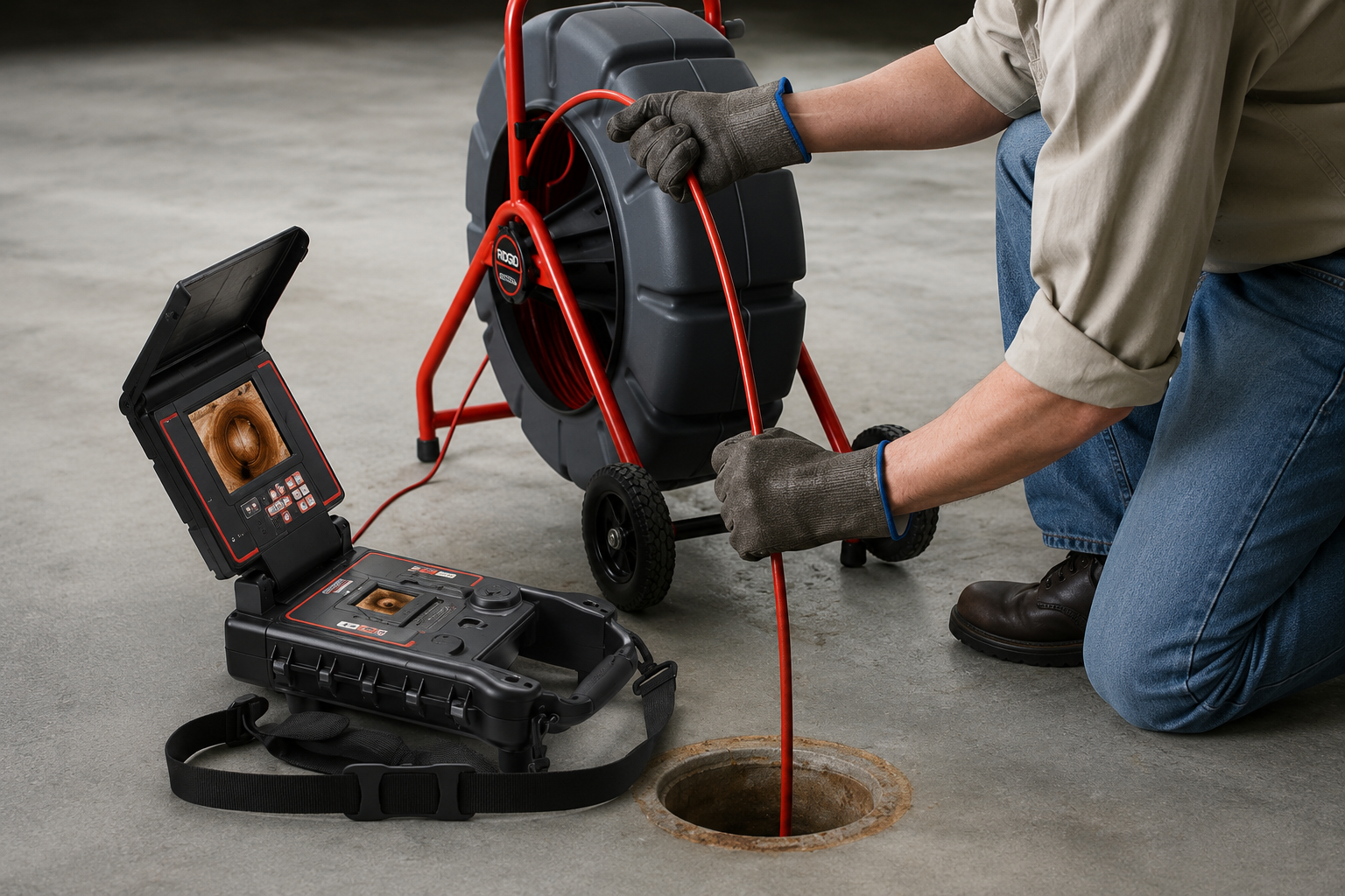 Technician inspecting sewer line with camera equipment and motorized cable machine